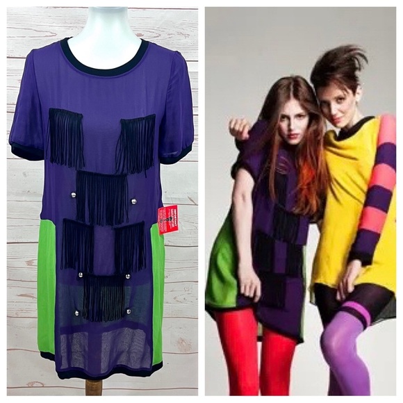 NWT Asos x Louise Gray London UK Sheer Colorblock Mod Fringe Silk Shift Dress - Picture 1 of 16